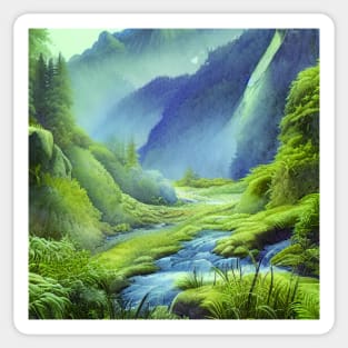 Digital painting of Mountains and River Sticker